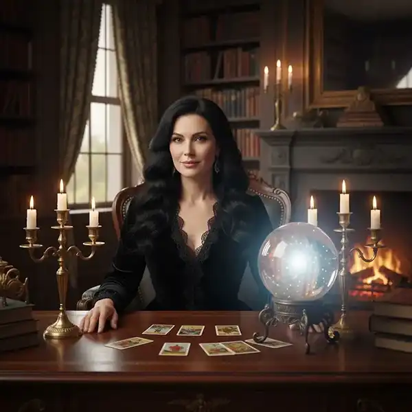 Гадалка проводит ритуал гадания на картах Таро при свечах